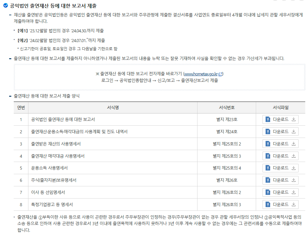 공익법인 보고서 등 제출