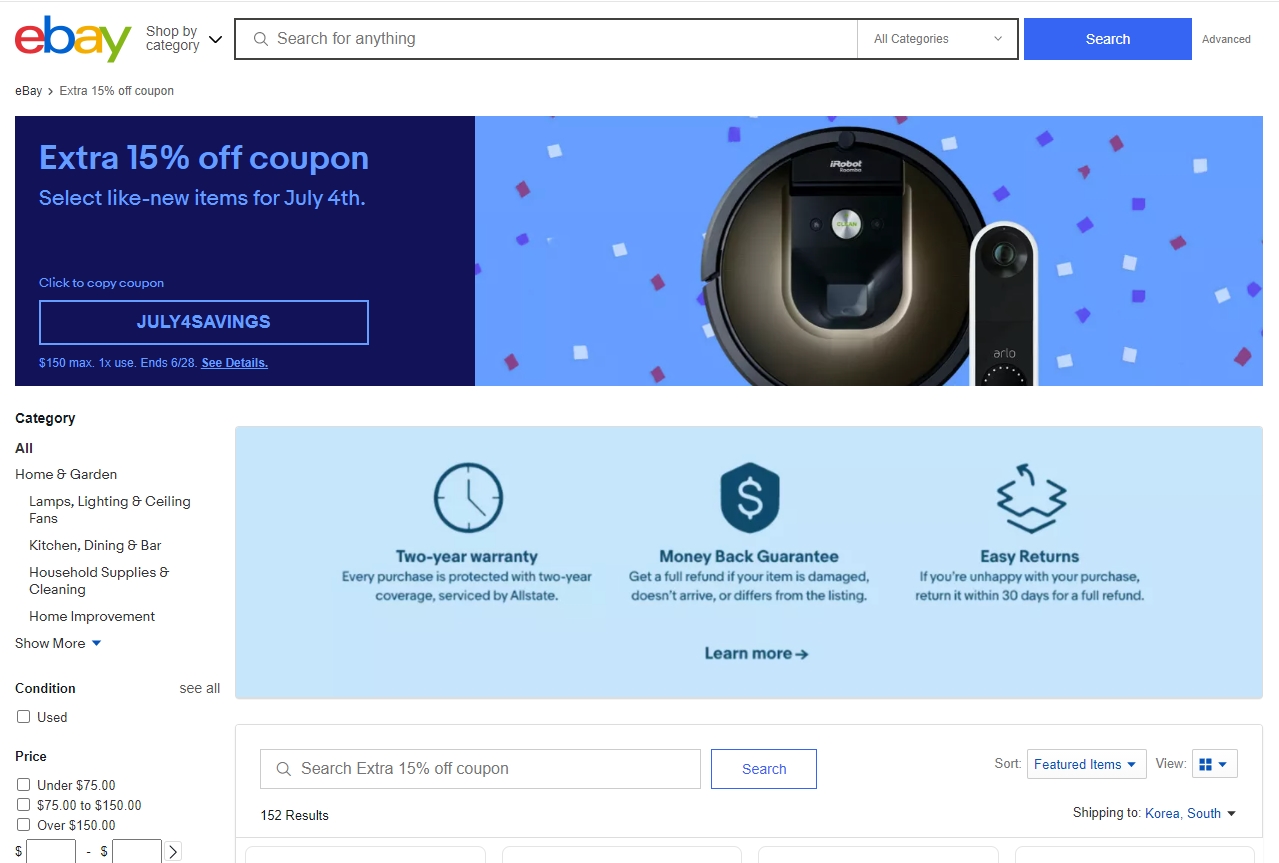  Ebay 이베이 전자제품 최대 50프로 할인 추가 15프로 할인코드 LG코드제로 무선청소기 230달러 구매가능