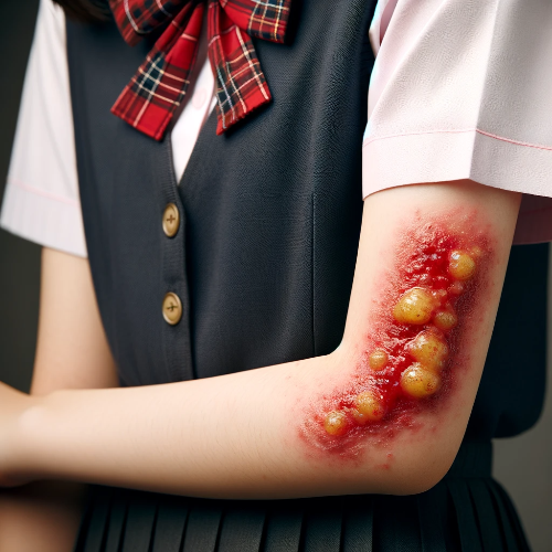 한국 학생의 팔에 있는 황농성 염증