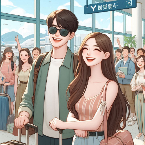 해외여행을 가려고 공항에 들어서는 연인