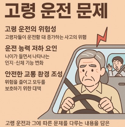 고령 운전 문제를 다룬 한국어 인포그래픽, 걱정하는 노인 운전자와 교통 안전 메시지 포함