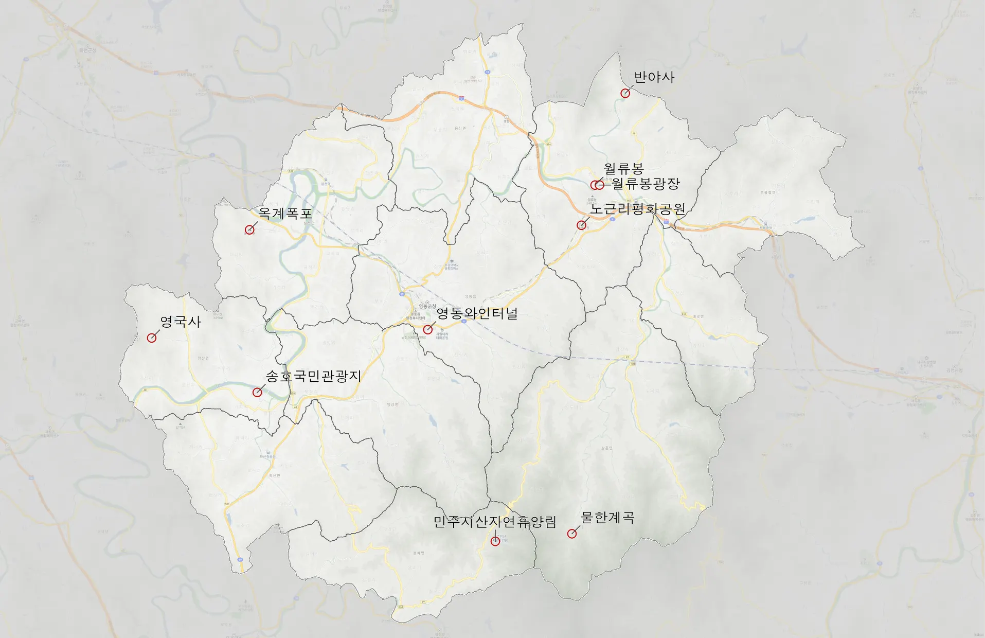 영동 가볼만한 10곳 위치도