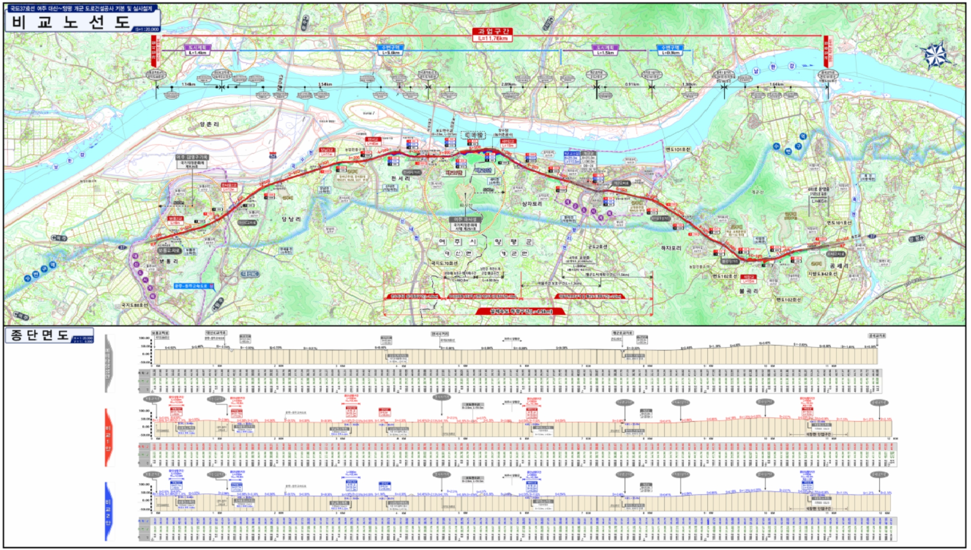 국도37호선 여주 대신-양평 개군 도로건설공사 비교 노선도