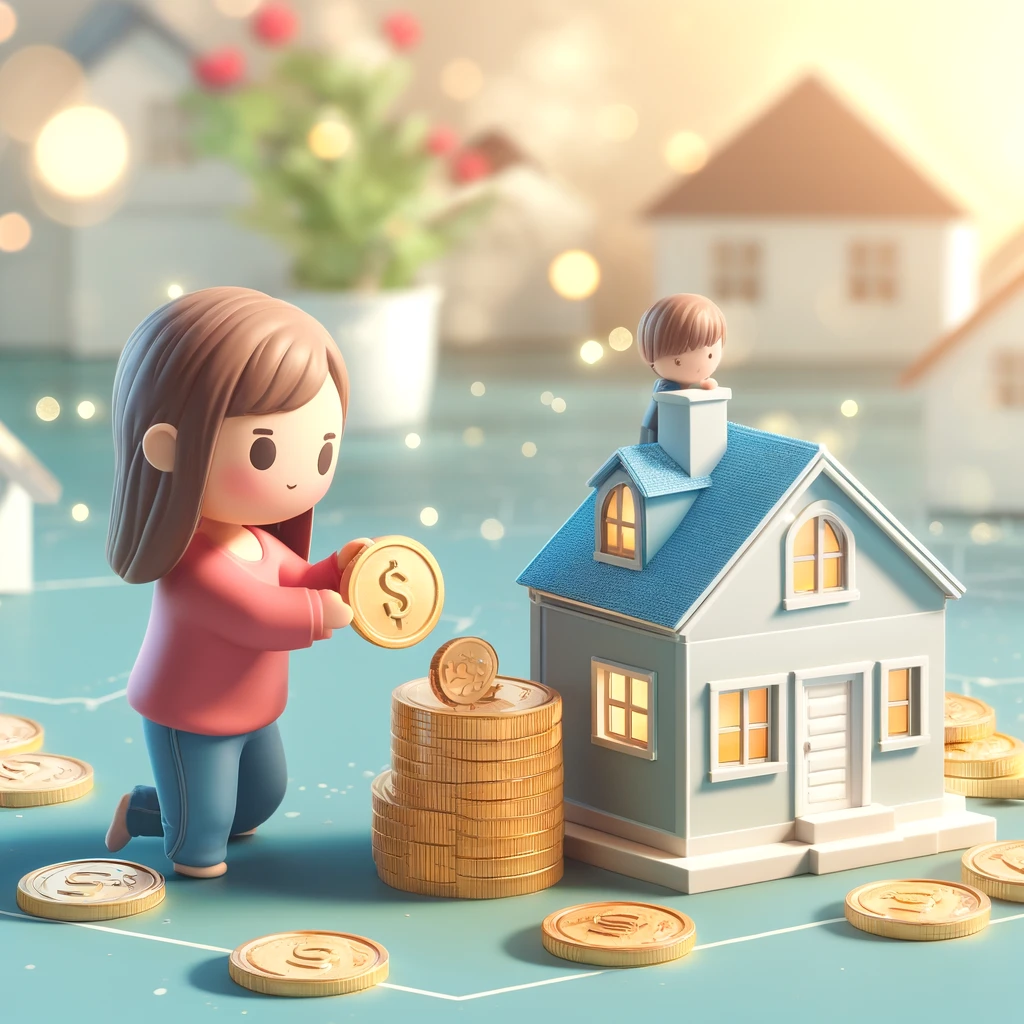 엄마 캐릭터가 아이와 함께 동전을 이용해 작은 집 모형을 만드는 장면