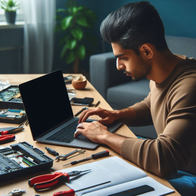 노트북을 수리 중인 남성이 정밀 공구를 사용하고 있는 모습