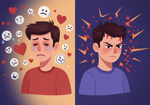 개념적이고 상징적인 디지털 일러스트 스타일로 그린&amp;#44; 감정 인지 어려움과 예민함 등 우울증의 다양한 감정 변화 일러스트레이션