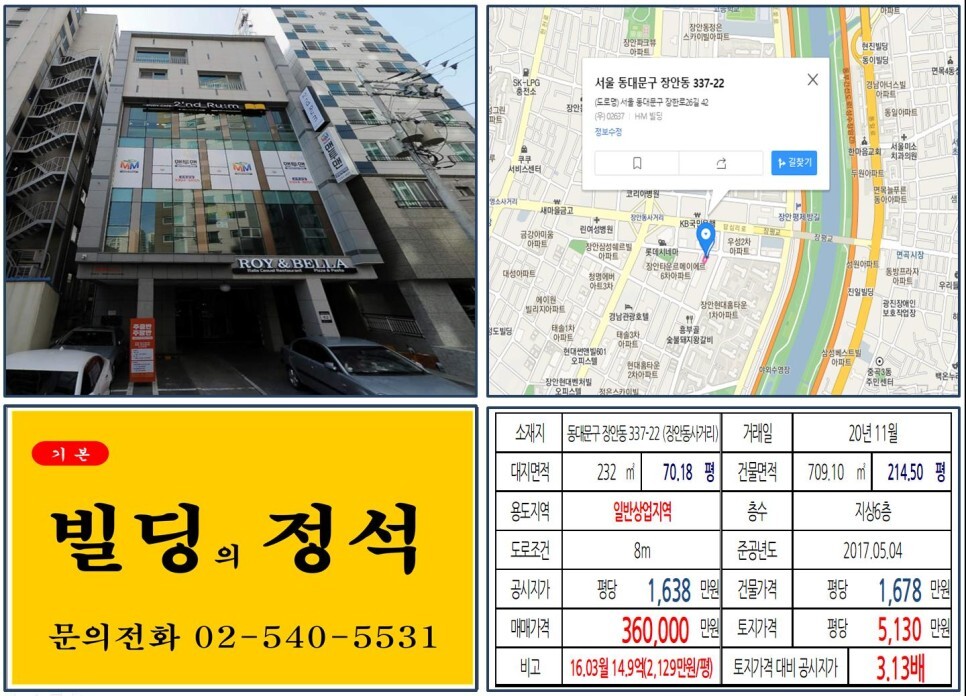  [동대문구 일반상업지역 신축빌딩 30억 꼬마빌딩 실거래가 조회] 장안동 337-22 (장안동사거리) 36억 원, 평당 5,130만 원 매매되었습니다. 면목선 경전철, 올근생 빌딩