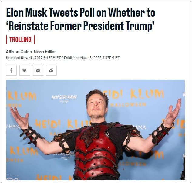  세계 최고의 부자 머스크, 트럼프의 정지 트위터 계정 풀어줘 Twitter: ‘Reinstate Former President Trump’