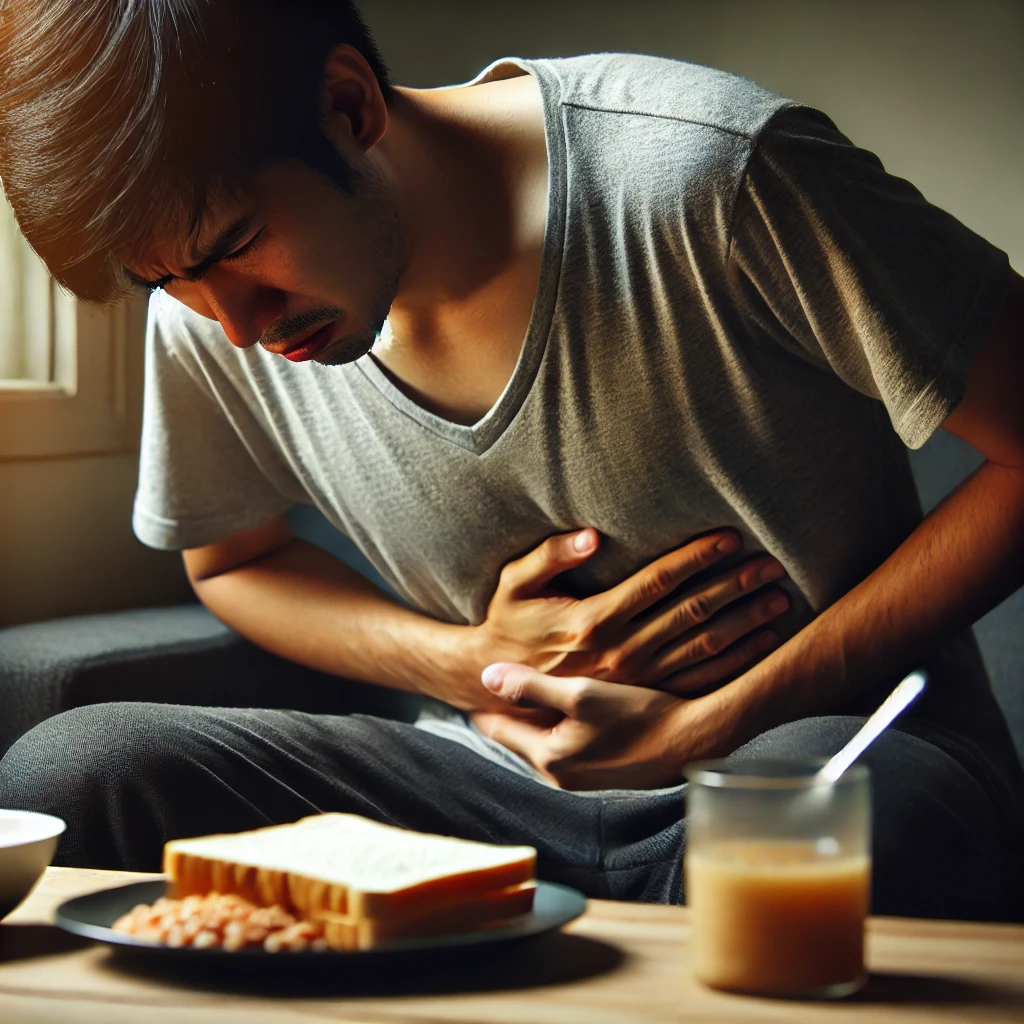 빵과 콩과 식물을 먹고 고통스러워 하는 사람의 모습
