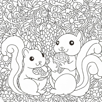 Two squirrels are sitting on an acorn&#44; facing each other. An intricate coloring design.