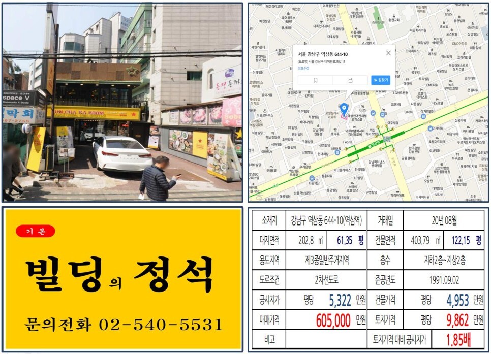  [강남구 60억 근생빌딩 실거래가 조회] 역삼동 644-10 (역삼역) 60.5억 원, 평당 9,862만 원 매매되었습니다. 2호선 역삼역 초역세권 60억 테헤란로 꼬마빌딩 매매