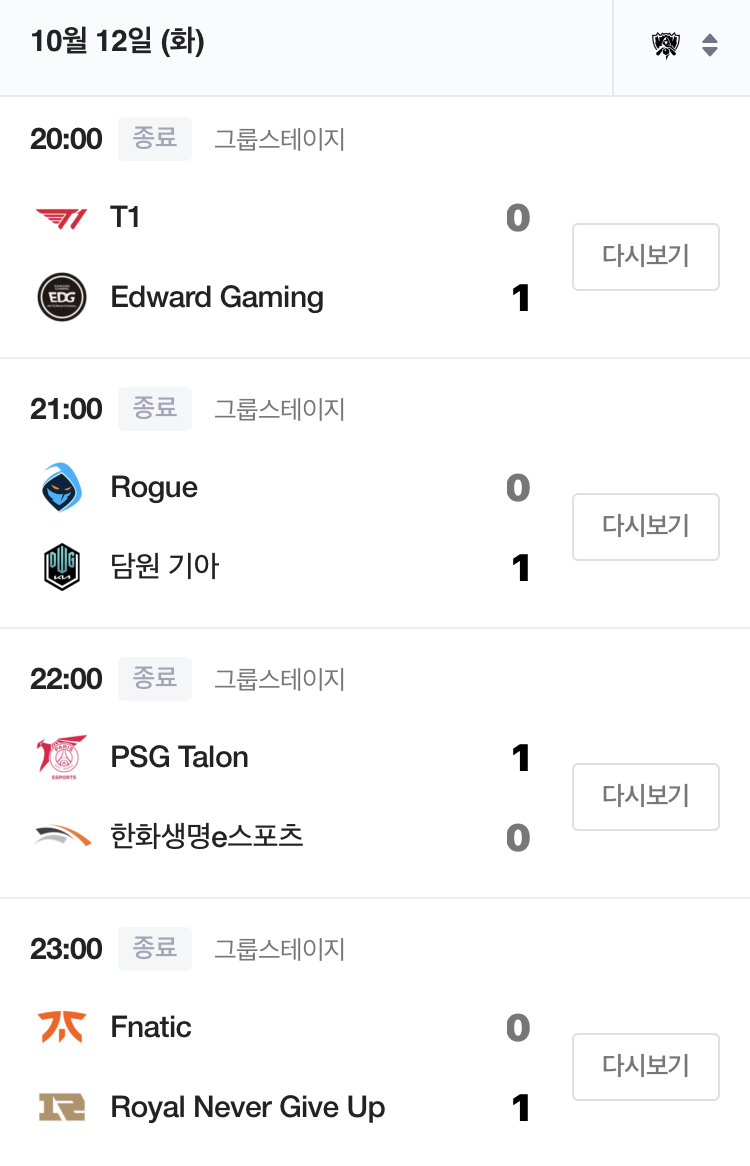  2021년 롤드컵 조별리그 2일차 결과(10/12/화)