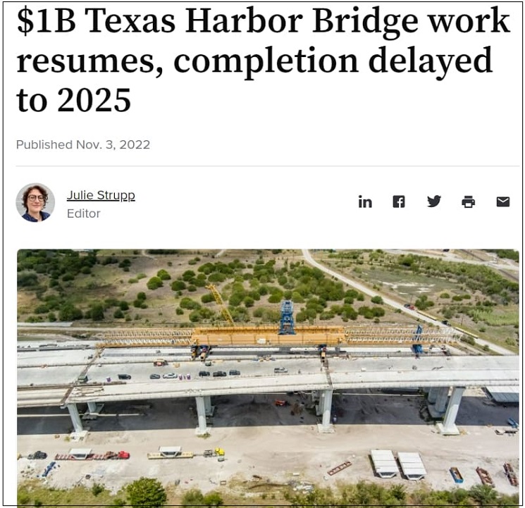 해외 교량공사 설계 오류 해결 방법 - 미국 사례 $1B Texas Harbor Bridge work resumes&#44; completion delayed to 2025