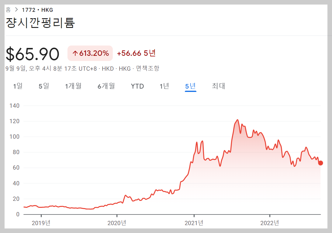 간펑리튬 최근 5년 주가변화추이