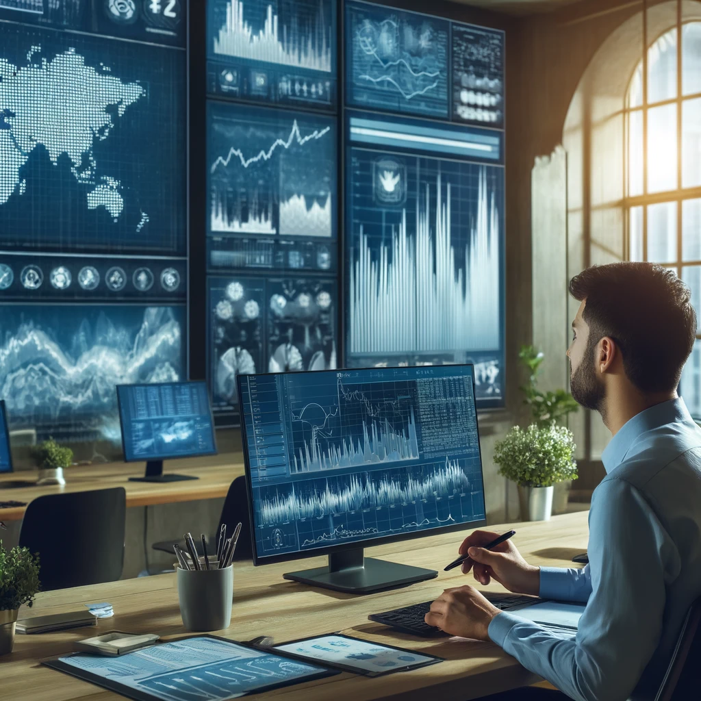 캐나다 외환시장 전망
Economic analyst working on analyzing the latest economic data on a large monitor in an office setting