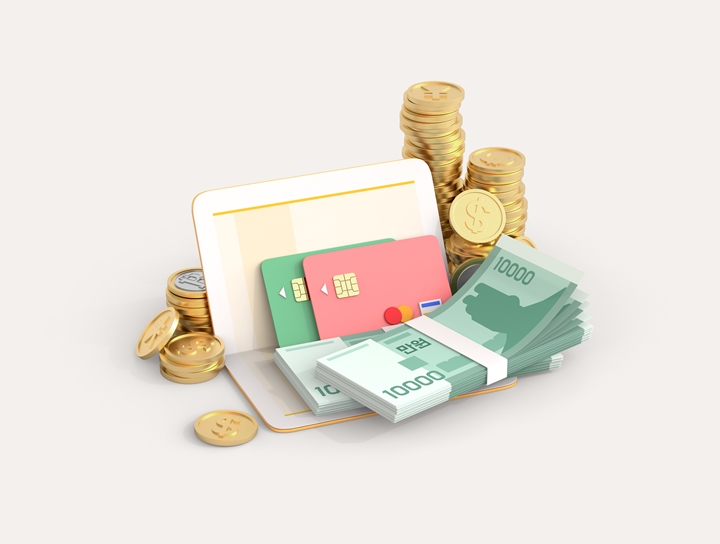 통장과 카드, 현금, 동전이 보이는 일러스트 이미지