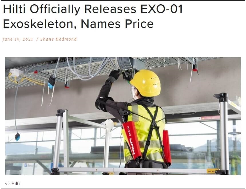  힐티, 세계 최초 건설용 외골격 기구 출시 VIDEO: Hilti Officially Releases EXO-01 Exoskeleton, Names Price