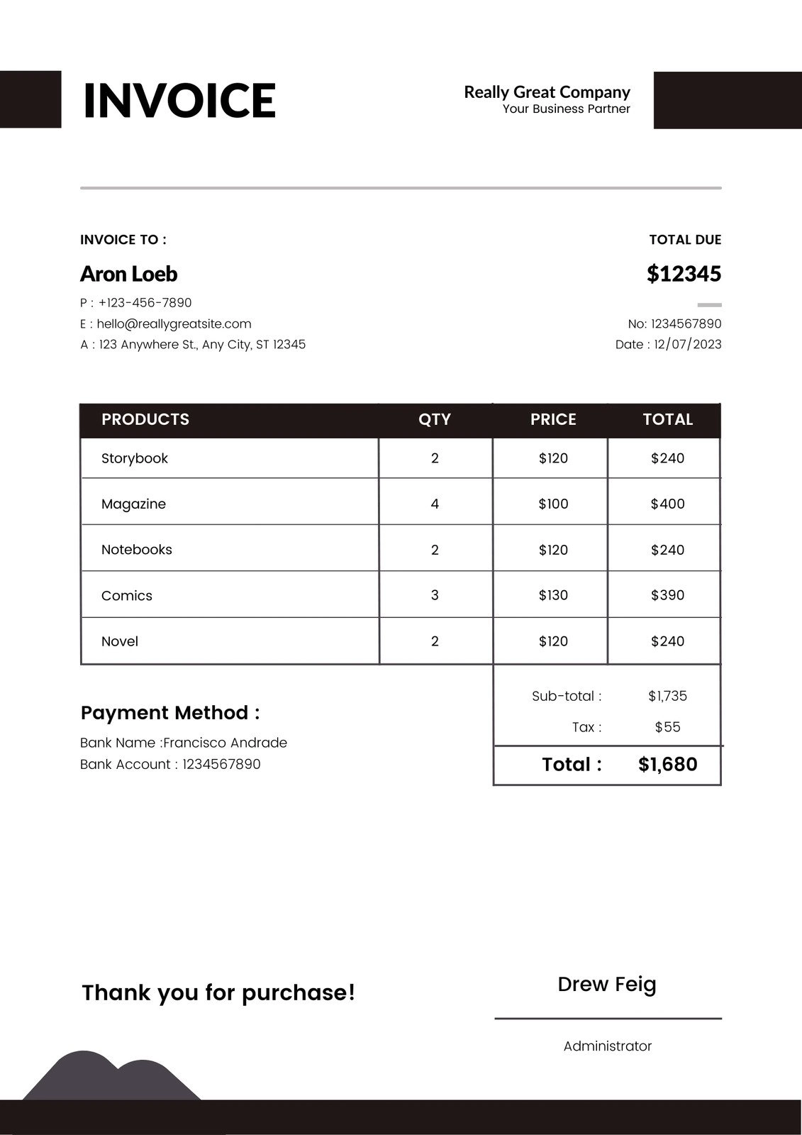 예시로 보여지는 인보이스 (invoice)