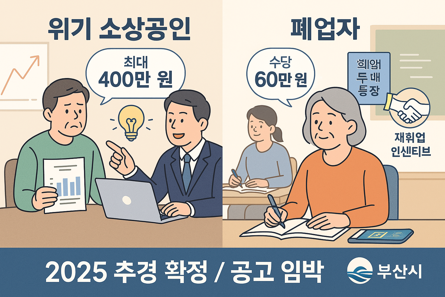 2025년 부산시 위기 소상공인 400만 원 지원과 폐업자 직업훈련 수당 60만 원 지원을 한눈에 보여주는 루틴형 시각 구성 – 상담 장면과 수강 장면으로 이중 구조 표현