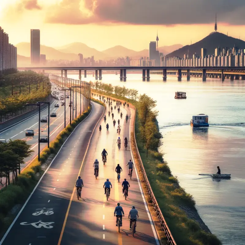 한강을 따라 자전거를 타는 사람들과 도시 스카이라인 배경에 있는 장면