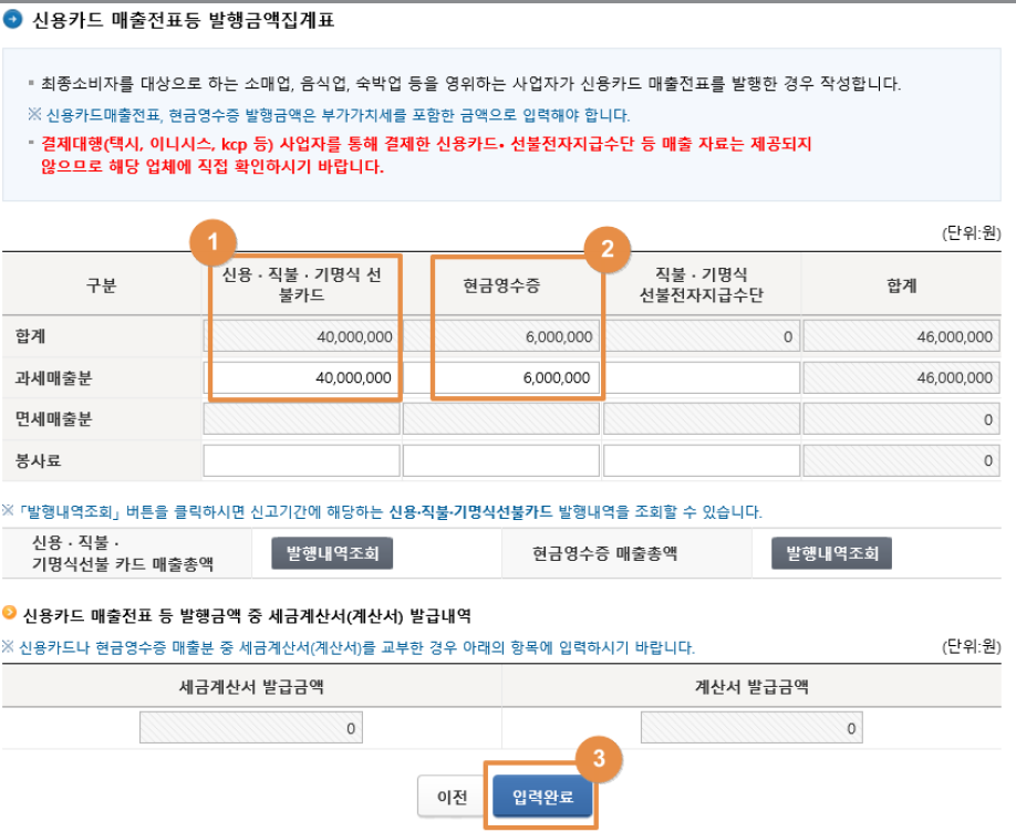 신용&middot;직불&middot;기명식 선불카드의 &rsquo;과세 매출분&rsquo; 과 현금영수증의과세 매출분&rsquo; 란에 각각 입력한 후 &#39;입력완료&#39;를 선택