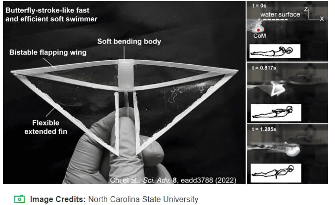 쥐가오리 영감...부드럽고 빠르게 수영하는 로봇 VIDEO: A butterfly-stroke-like soft robotic swimmer that is fast and efficient