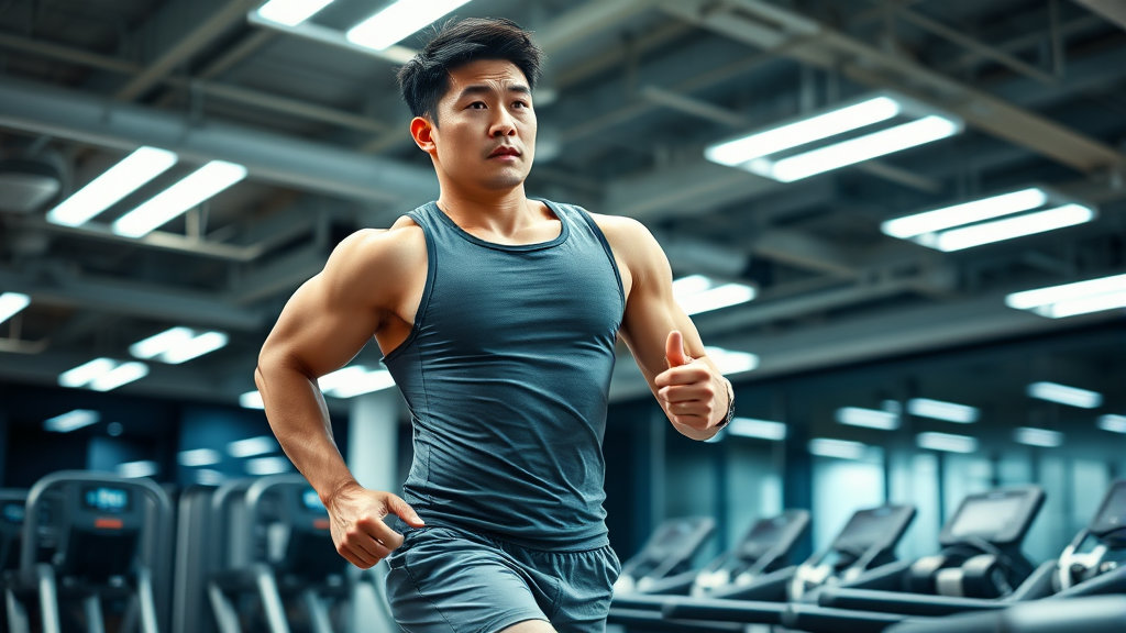 헬스장에서 인터벌 트레이닝을 하는 속근형 체질의 남성