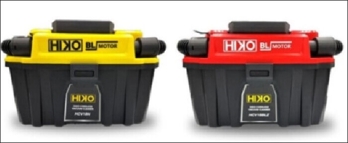 HIKO 집진기는 디월트와 계양 배터리용 2종을 출시했고 디월트는 노란색, 계양은 빨간색 제품으로 출시한 사진입니다.