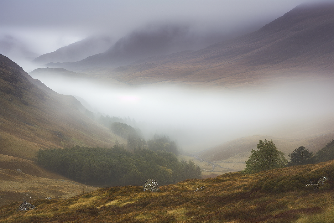 /imagine prompt: hills of the scotland highlands&amp;#44; misty fog&amp;#44; Canon RF 16mm f:2.8 STM Lens&amp;#44; award winning photography&amp;#44; by national geographic and upsplash --ar 3:2 --seed 1 --v 5 --s 0