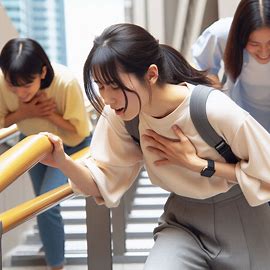 계단을 오르다가 힘들어서 계단 손잡이를 잡고 숨을 거칠게 쉬고 있는 여성