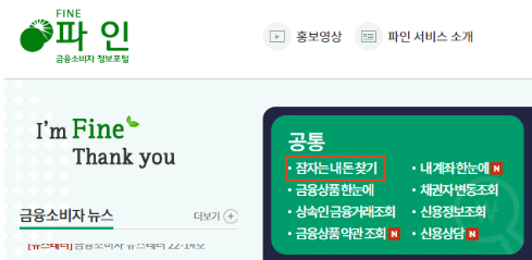 파인 홈페이지 좌측 상단 쪽 화면 [제공 : 금융감독원]