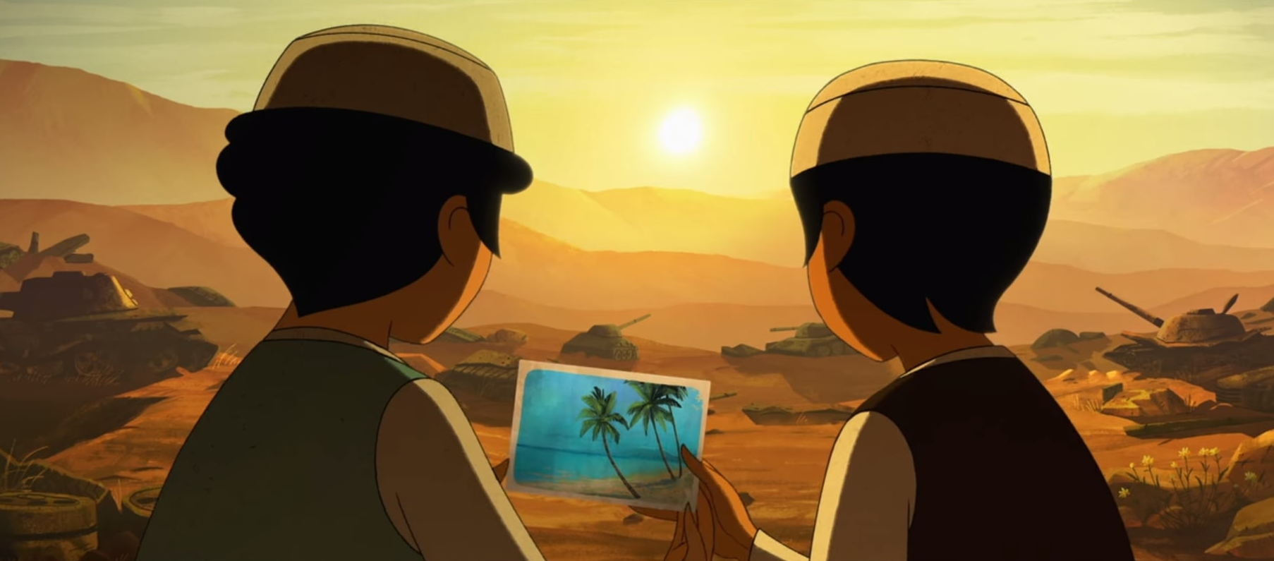 <파르바나: 아프가니스탄의 눈물>  변장한 두 소년은 바다 사진을 보고 좋아한다.