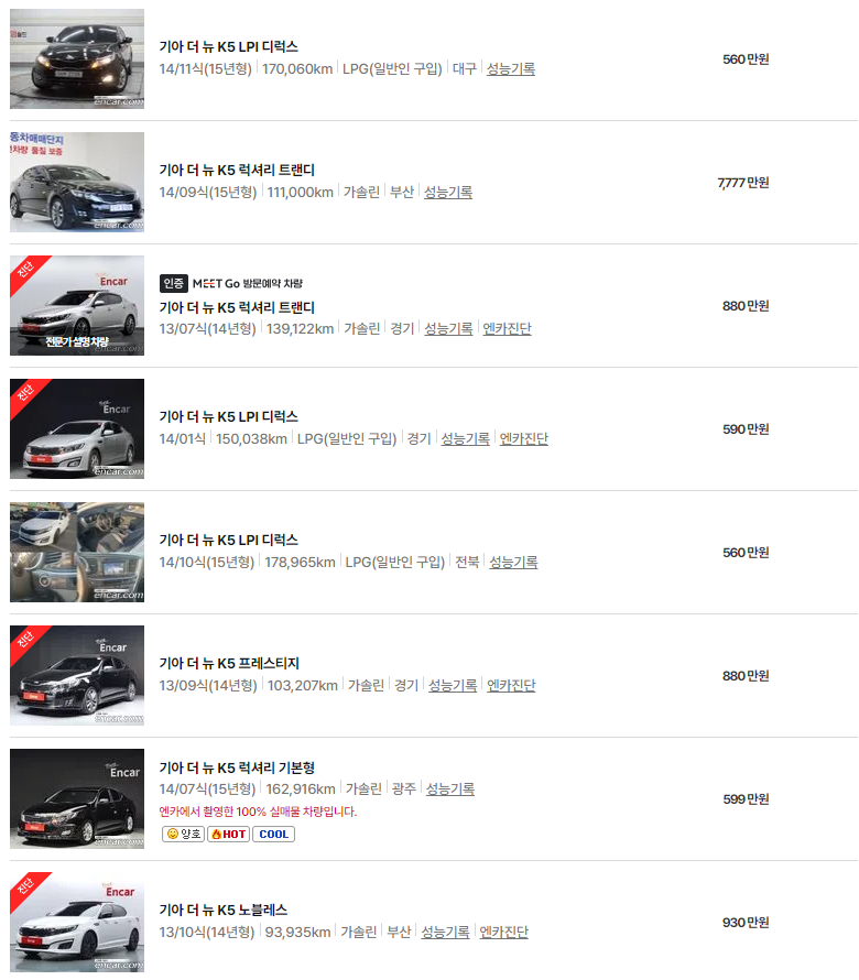 더 뉴 K5(13~15년식) 중고차 가격