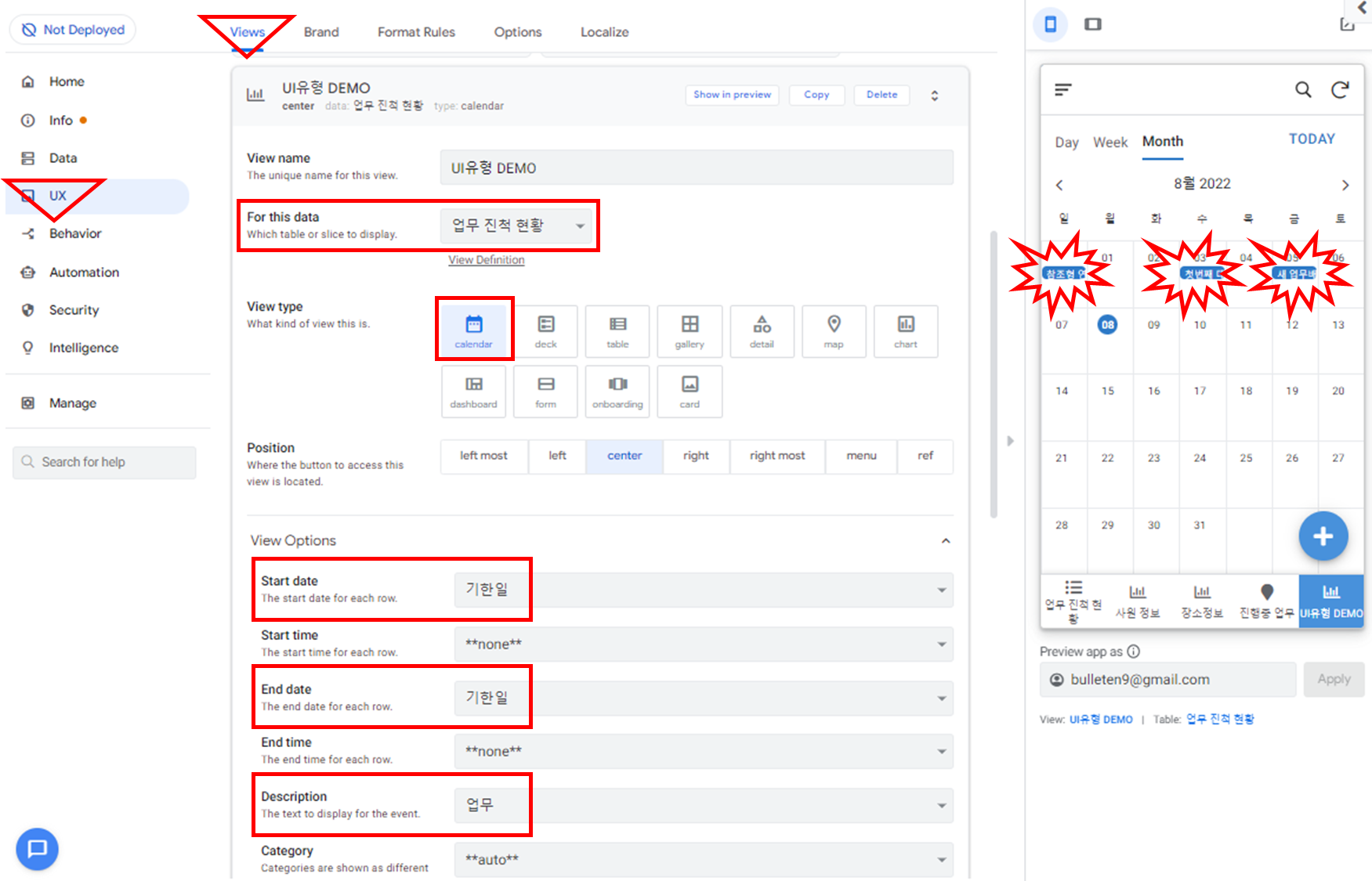 Calendar 유형의 데이터를 표기하는 설정
