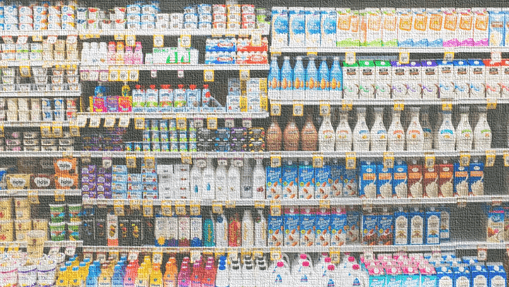 Supermarket 에 여러 음료가 전시되어 있는 사진