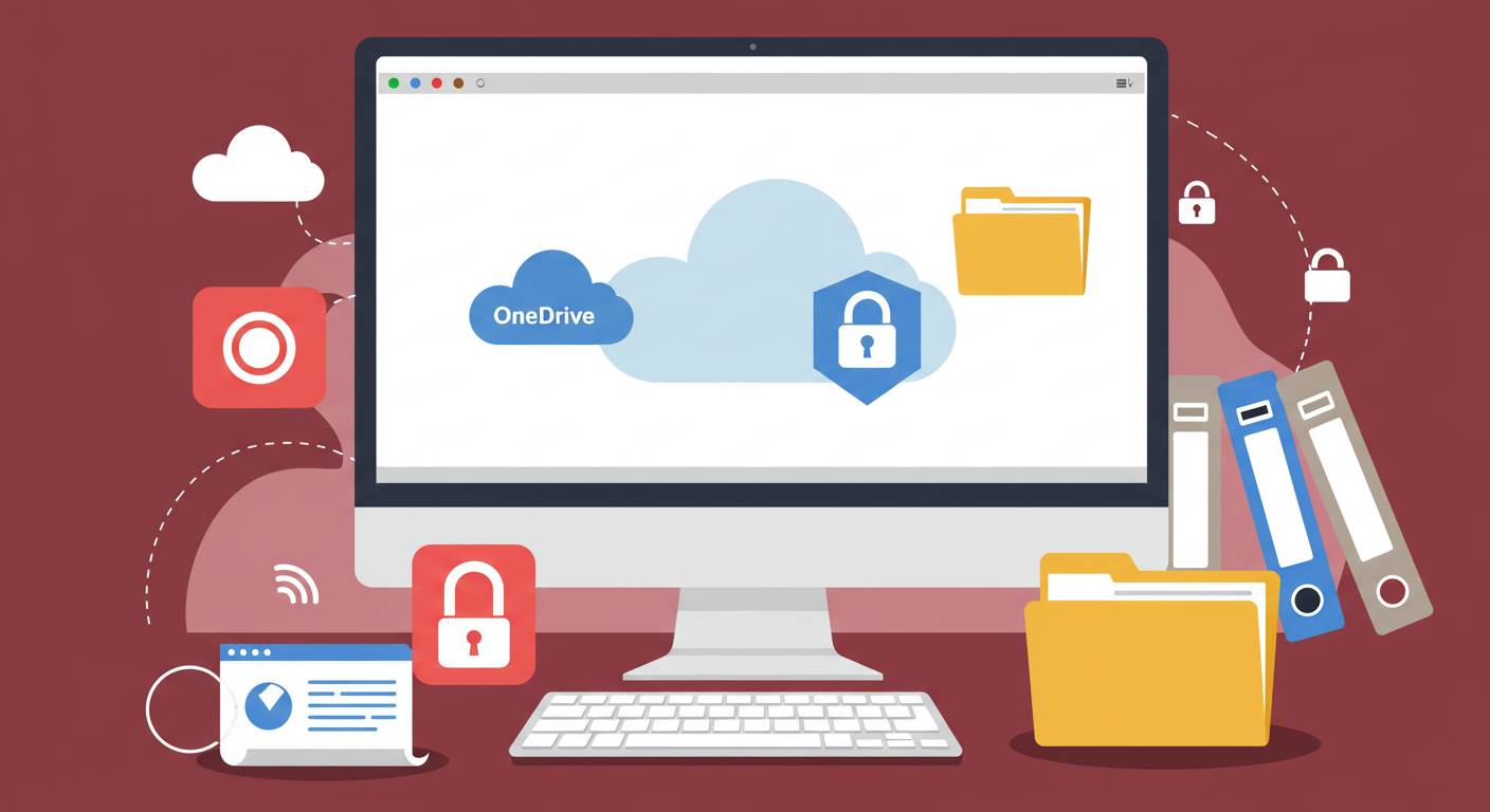 (Image Prompt: Illustration depicting a secure and organized digital workspace. Shows cloud storage icons (OneDrive, Google Drive), a lock icon symbolizing security, and neatly arranged folders on a computer screen. Style: Abstract vector illustration.)