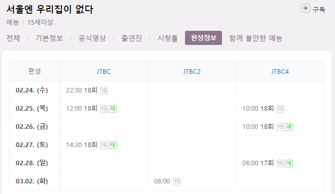 서울엔 우리집이 없다 18회 재방송 다시보기 편성표 회차정보 JTBC 예능 방송시간 날짜