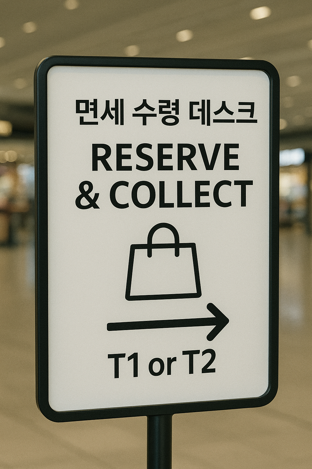 T1 또는 T2 면세 구역 내 “Reserve &amp; Collect” 데스크 수령 데스크 안내 표지