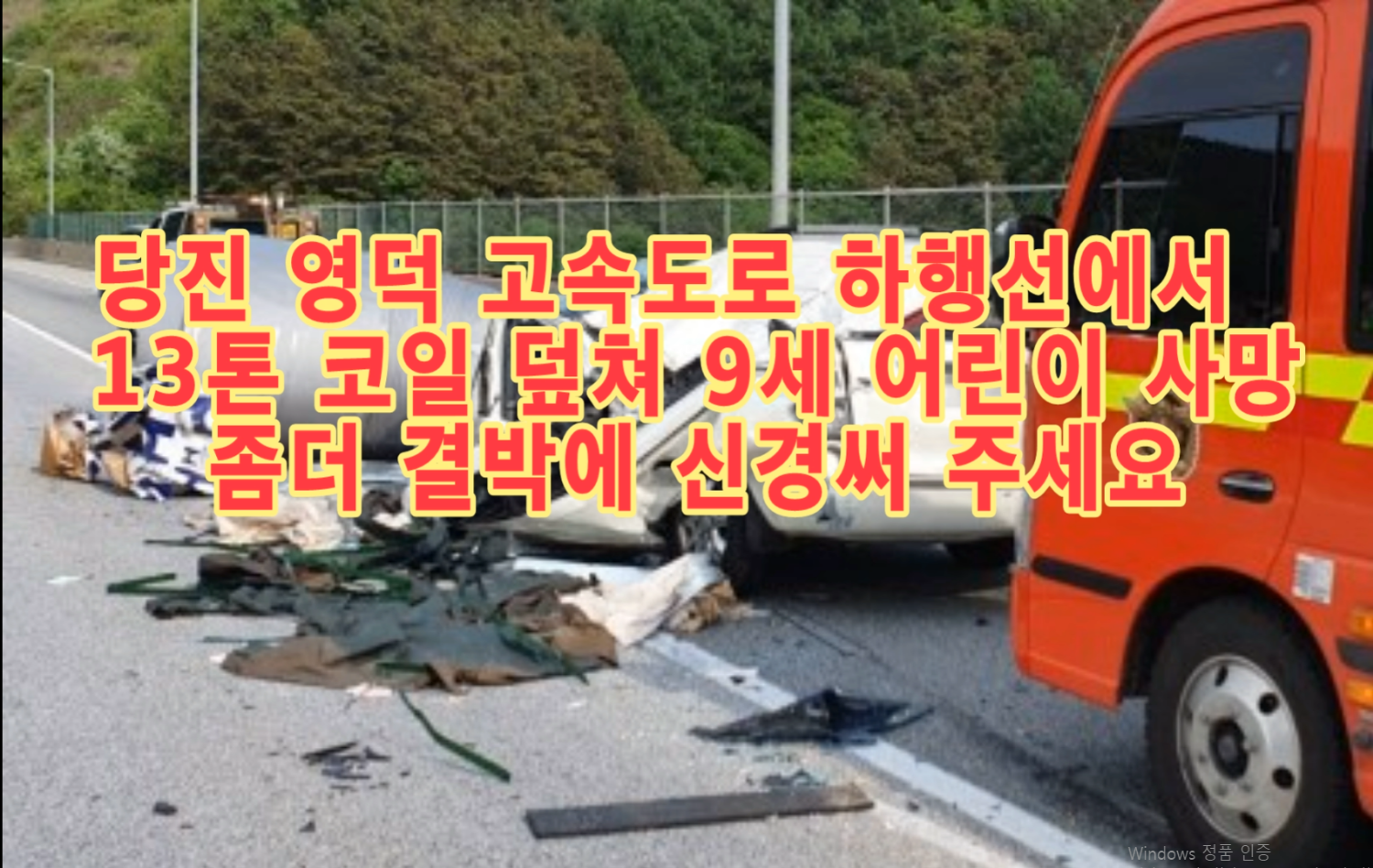  13톤 코일 낙하로 카니발 덮쳐 9살 여아 사망