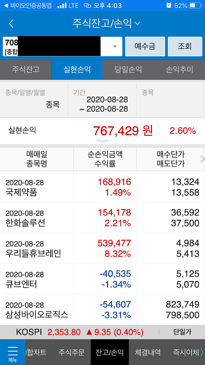  [삼성증권계좌 주식매매수익] 삼성바이오로직스, 큐브엔터, 국제약품, 한화솔루션, 우리들휴브레인