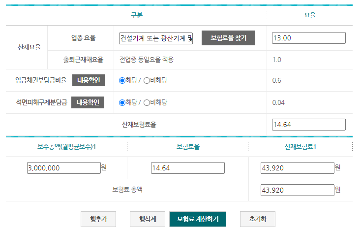 건설기계 업종에서 300만원을 보수총액으로 할 경우 보험료 계산 결과