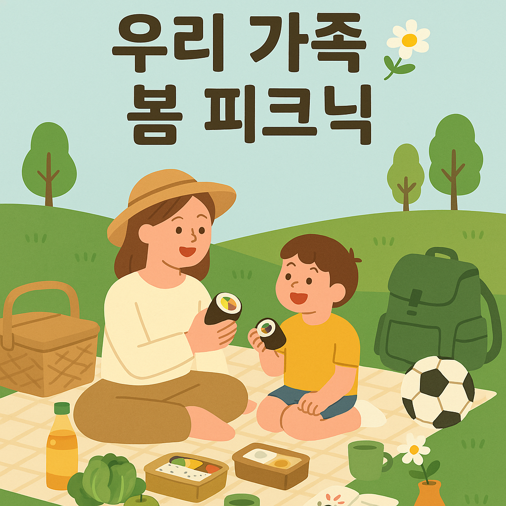&quot;공원 잔디 위에서 가족이 돗자리를 펴고 도시락을 나누며 피크닉을 즐기는 봄날의 장면&quot;