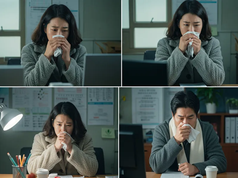 환절기, 감기, 한국인, 사무실, 기침, 콧물, 피곤함, 아픔, 병원