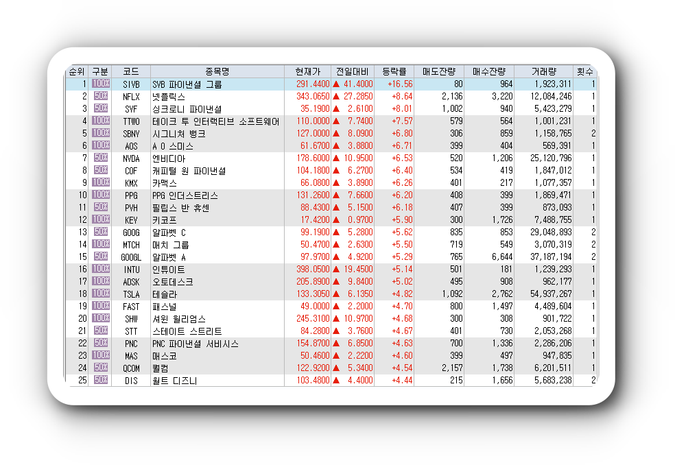  1월20일 미국주식 S&P500 상승률 상위 종목 TOP 100