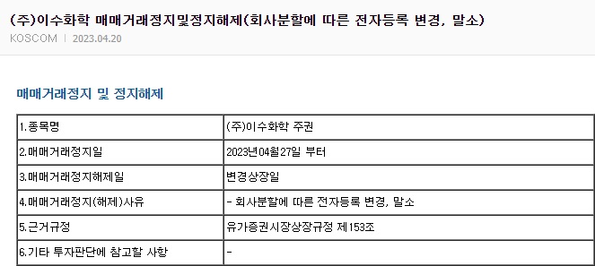 이수화학 거래정지