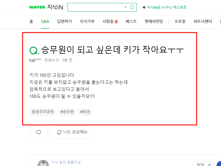 승무원 관련 키 고민 지식인