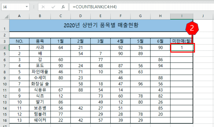 COUNTBLANK 함수가 기입된 엑셀 사진