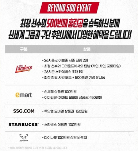 최정500홈런혜택