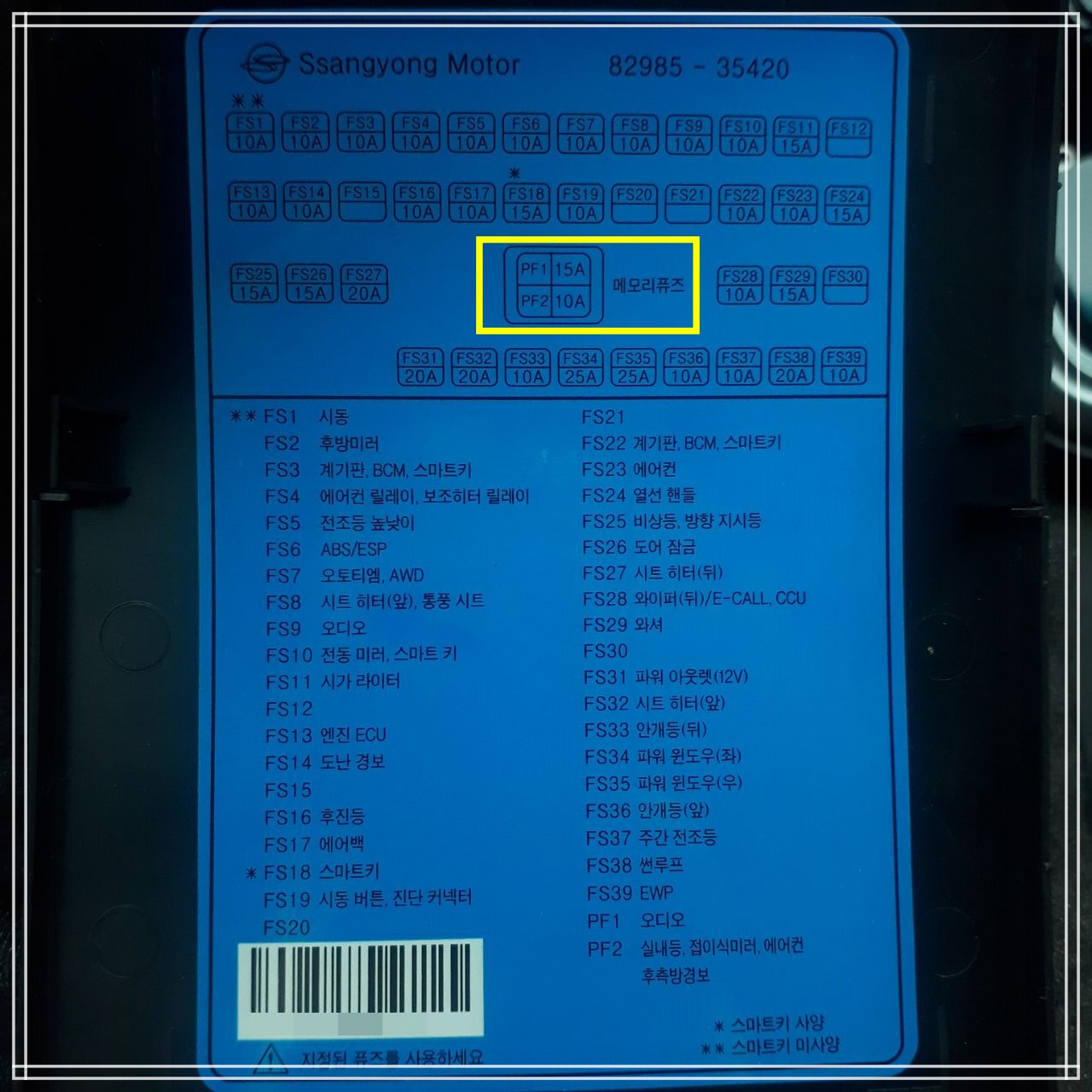쌍용 자동차 티볼리 장기 주차 배터리 방전 예방을 위한 방법을 알아봅시다. - undefined - 2. 퓨즈 박스에서 메모리 퓨즈 뽑아 놓기 퓨즈박스-설명서