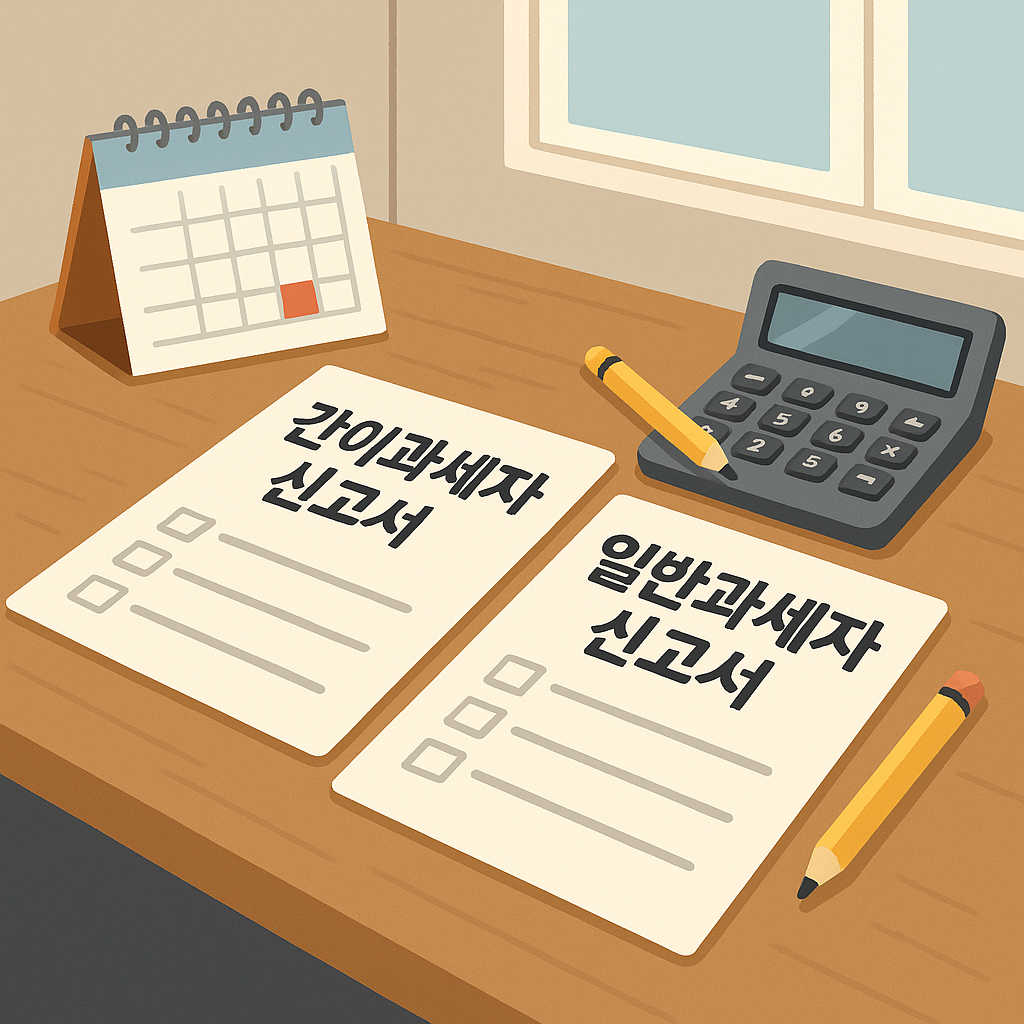 사무실 책상 위에 간이과세자 신고서와 일반과세자 신고서 두 문서가 나란히 펼쳐져 있고, 옆에는 달력과 연필, 계산기가 놓인 2D 일러스트 본문 이미지